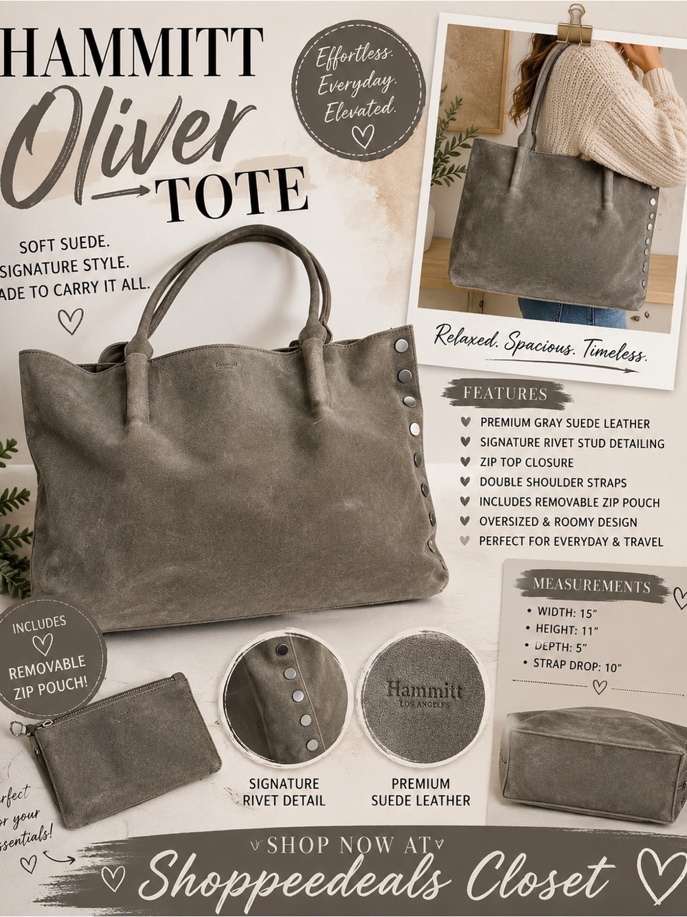 Hammitt Oliver Gray Suede Tote Bag Rivet Stud Large Shoulder Bag